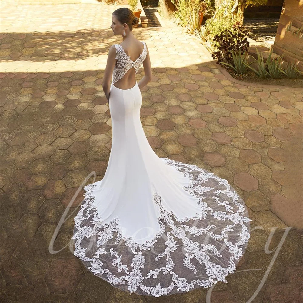 Elegante O collo abiti da sposa bianchi pizzo sirena lungo treno abito da sposa senza maniche abito da sposa Vestido De Noiva