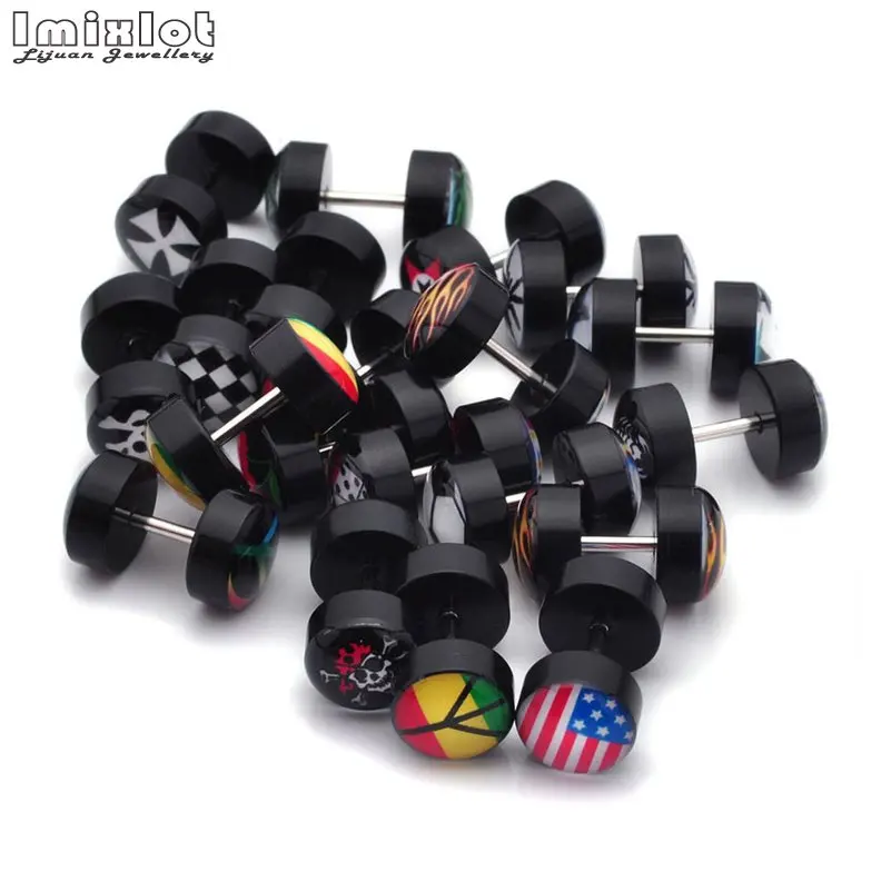 6pairs=12pcs Punk Double Sided Enamel Round Ear Stud Earrings For Women Men Dumbbells Barbell Piercing Jewelry