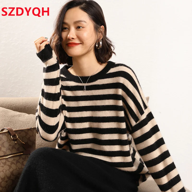 2023 Hot Sale Autumn Winter Women\'s 100% Cashmere Sweater O-Neck Striped Warm Pullover Female Loose Large Size Knitted Jumper