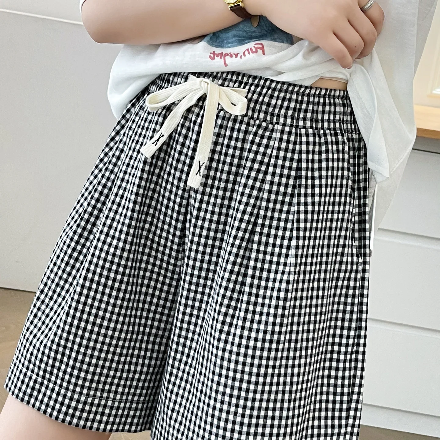 100 كجم حجم كبير السراويل النسائية الطازجة الرباط منقوشة واسعة الساق السراويل الساخنة نمط الصيف الجديد 2549