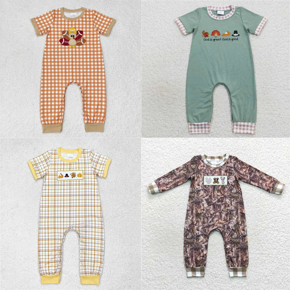 Wholesale Thanksgiving western boutique newborn toddler Baby Boys Embroidered Turkey khaki border checkered short-sleeved onesie