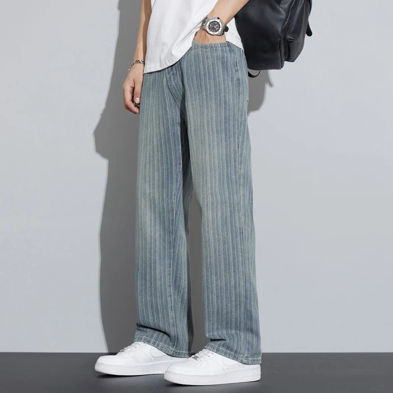 الرجعية MenLoose صالح مستقيم الساق الجينز السراويل الربيع/Summe خمر الشارع الشهير نمط متعدد الوظائف عادية مخطط سراويل جينز