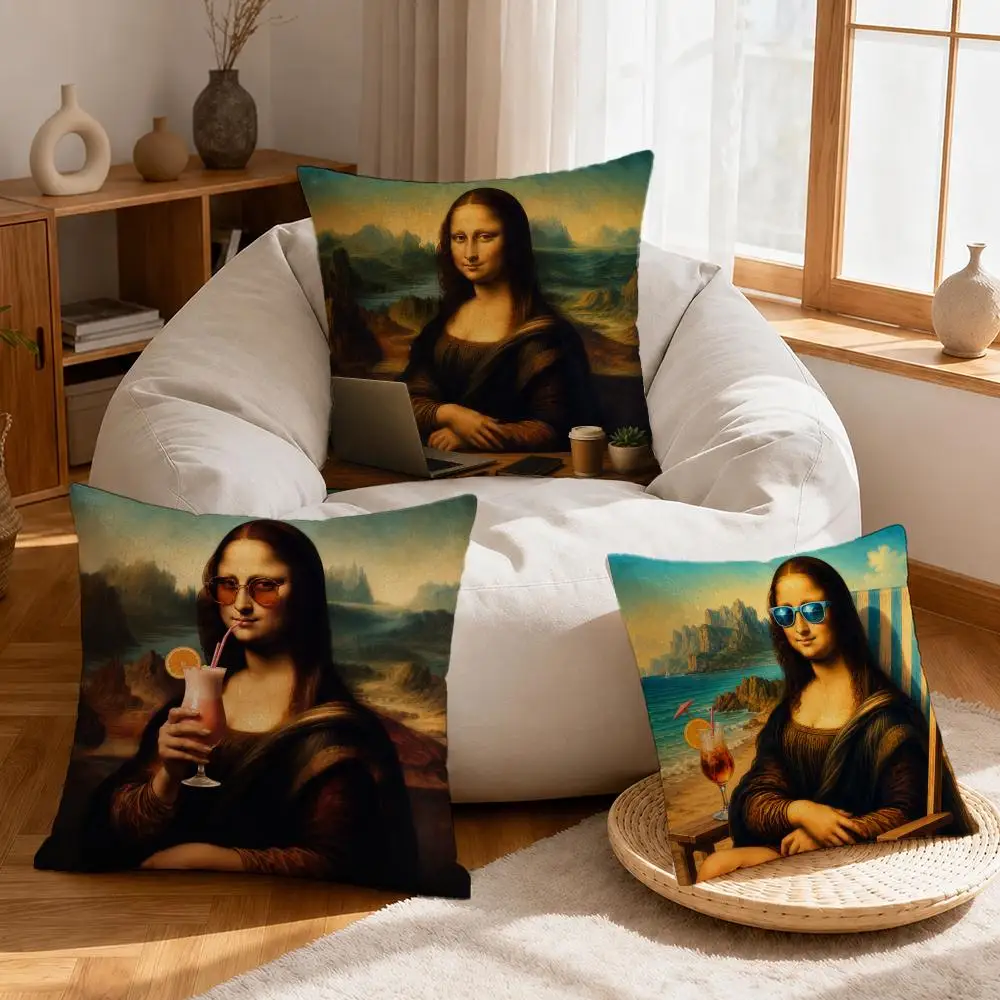 Art Funny Mona Lisa Cushion Cover Linen Anti-Mite Antibacterial Cushion Cover Invisible Zipper Sofa Decor