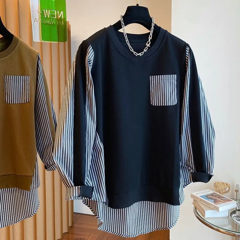 Large Size 300 Pounds Striped Splicing Fake Two-Piece Hoodie Men's Spring Autumn round Hem Design Sense Top American Style Bo...