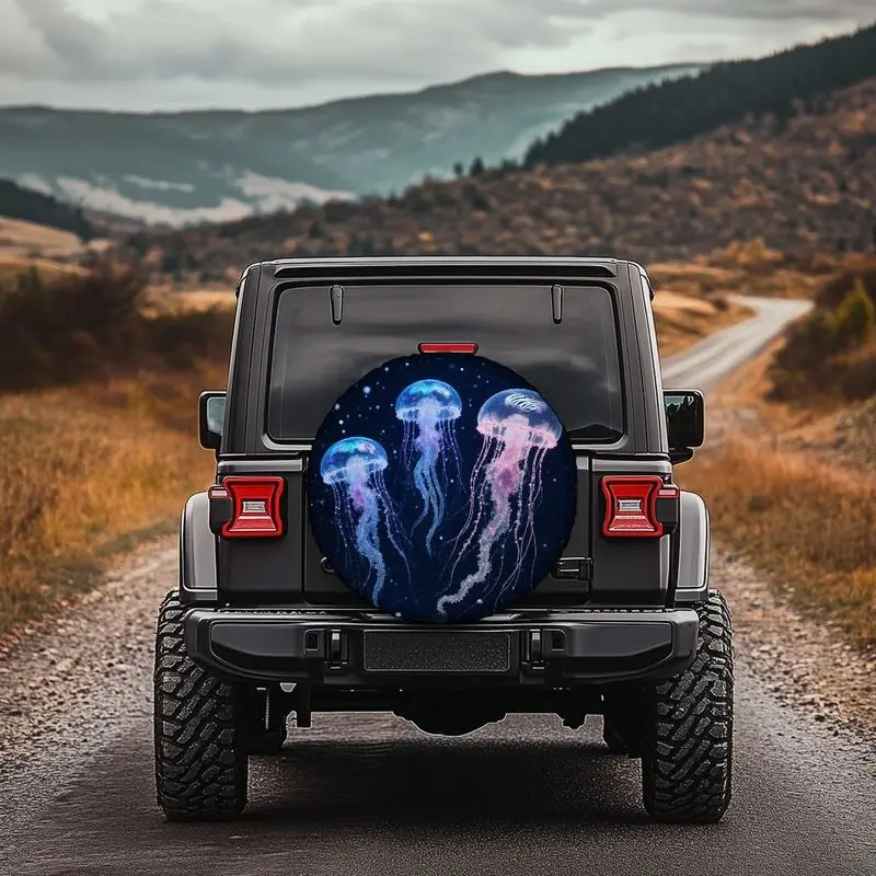 Tire Cover With Deep-Sea Jellyfish Pattern, Made Of Polyester Fiber For Tire Protection. Features A Semi-Transparent Jellyfish G