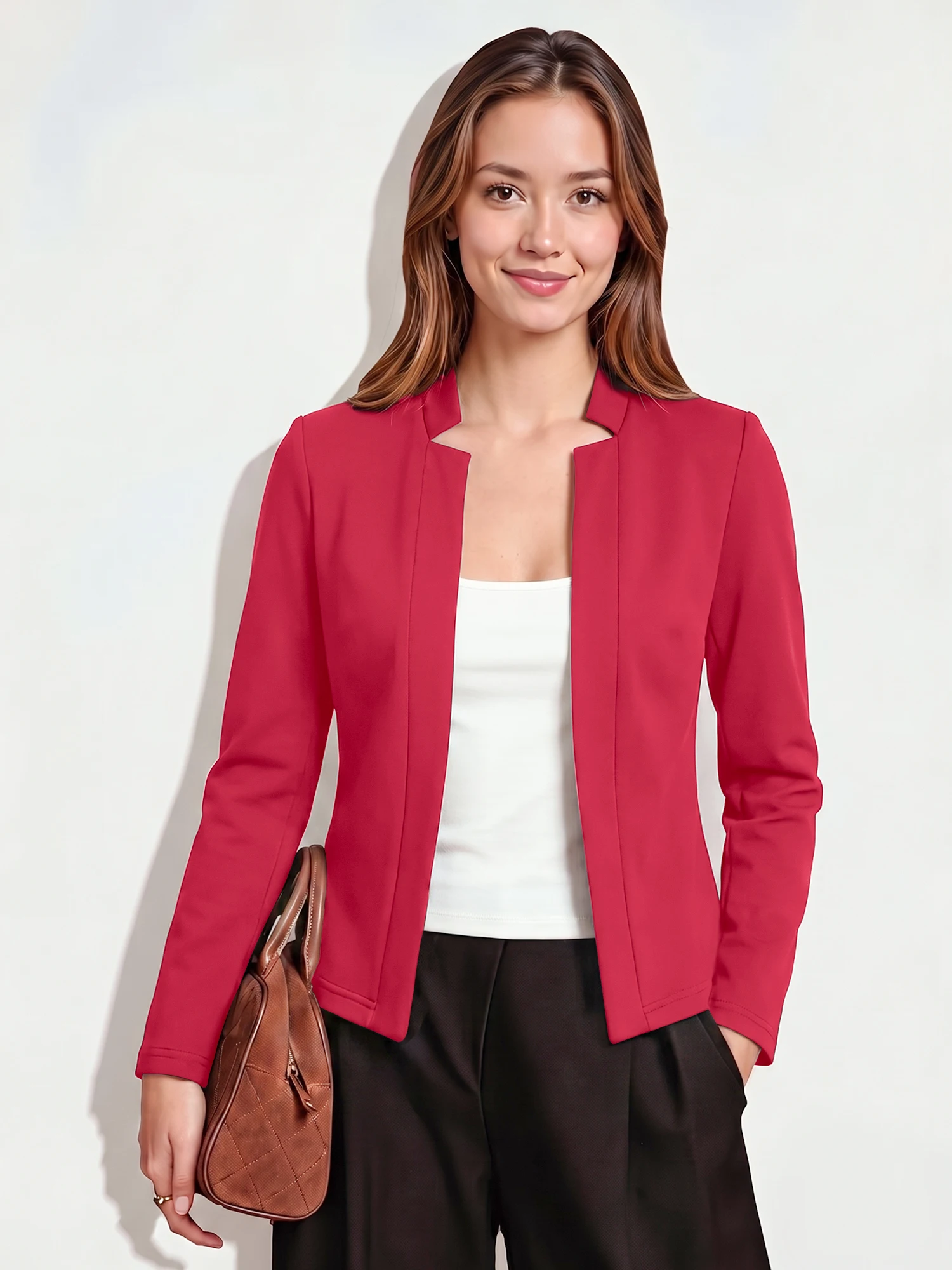 Female Office Blazer Jacket Long Sleeve Stand Collar Open Front Solid Slim Fit Daily Casual Outerwear For Shopping And Party