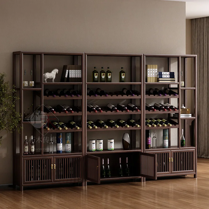 ตู้เก็บไวน์จีนแบบใหม่ ทำจากไม้เนื้อแข็ง พร้อมไฟส่องสว่าง ตู้โชว์แบบมีฉากกั้น