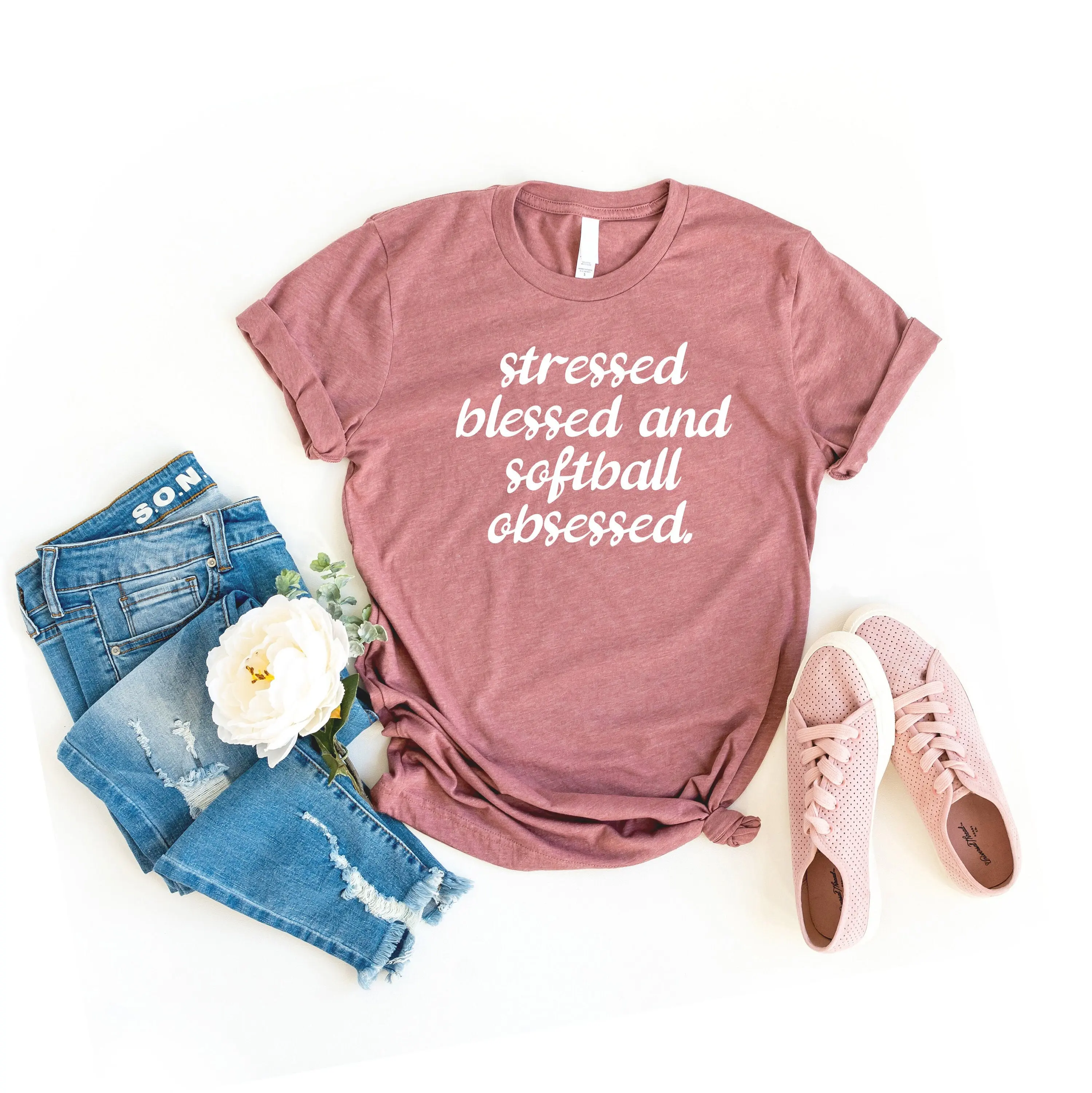 Stressed blessed and softball obsessed cute shirts funny baseball mom women's shirt team gifts