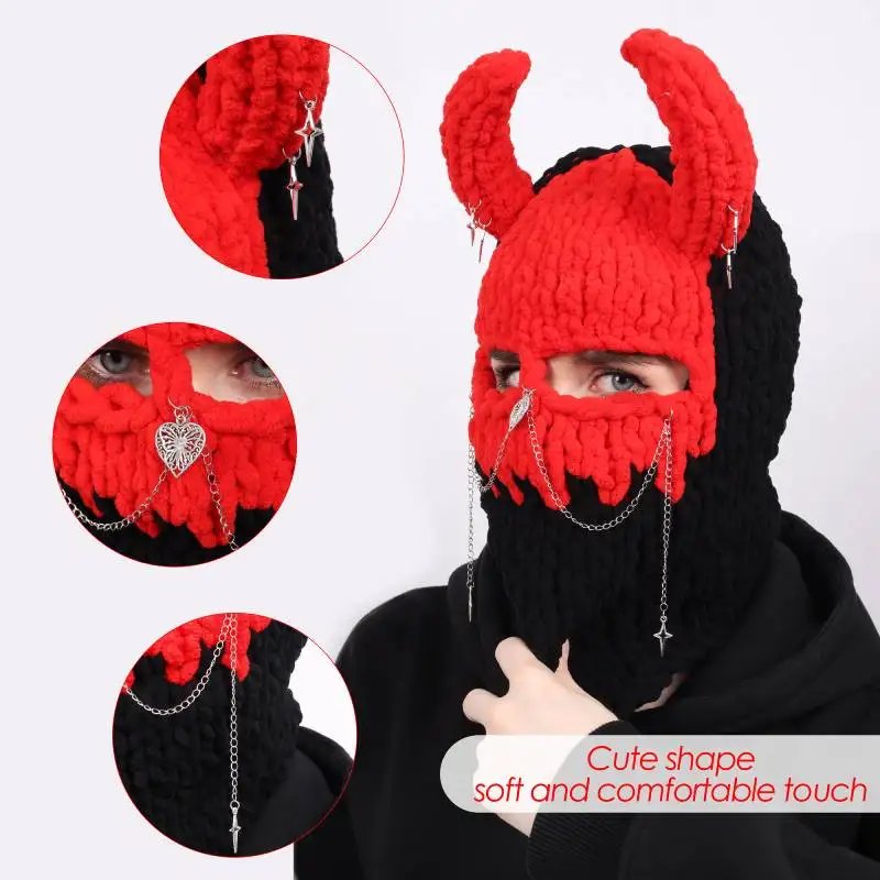 DAZCOS Halloween Funny Devil Horns cappello lavorato a maglia berretti da uomo e da donna Warm Full Face Cover maschera da sci cappello passamontagna antivento