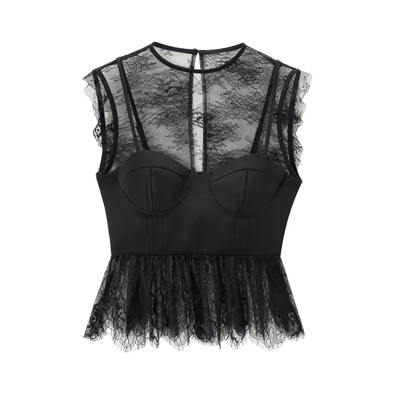 TRAF Lace Ruffled Corset Top 2024 Women's Summer Autumn Black Transparent Tank Top Ladies Fashion Casual Elegant Sleeveless Top