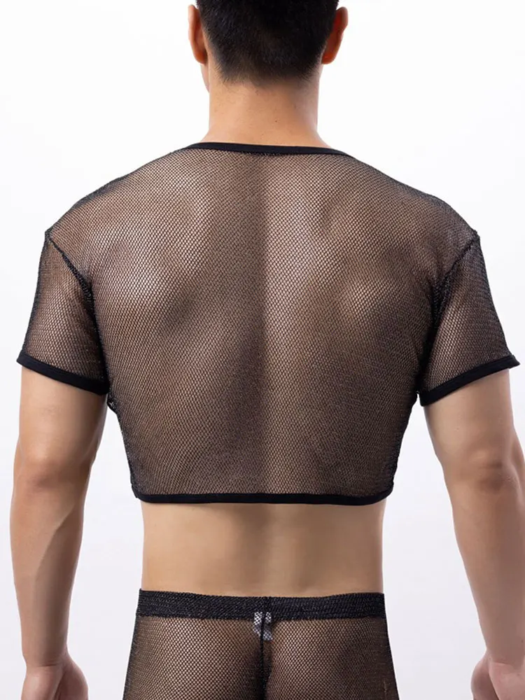 Men\'s Clothing Mesh Transparent Male Set New Two Piece Sexy Sheer Boxer With Crop Tops Exotic Man Outfits Night Allure Costume