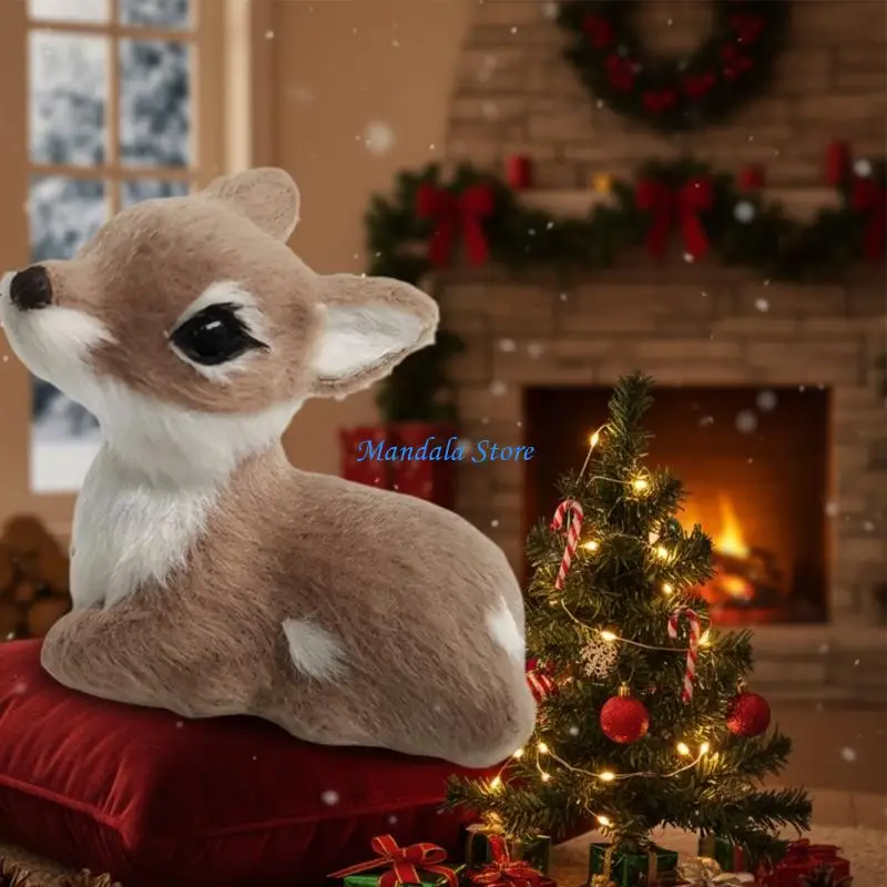 U2JC Christmas Deer Decoration Realistic Furs Texture Miniature Animal Model For Festives Holiday Indoor Tabletop Ornament