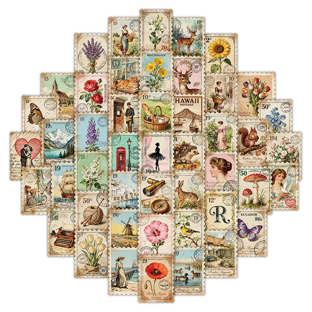 10/50PCS Retro American Style Stamp Stickers Flowers Animals Graffiti Decoration DIY Notebook Suitcase Phone Guitar Toys Decals