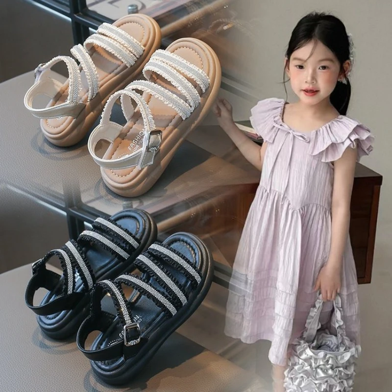 New Kids Summer Causal Sandals Rhinestone Ruffled Edge Girls Open-toe Sandals Thick Bottom School Beach Children Roman Sandals