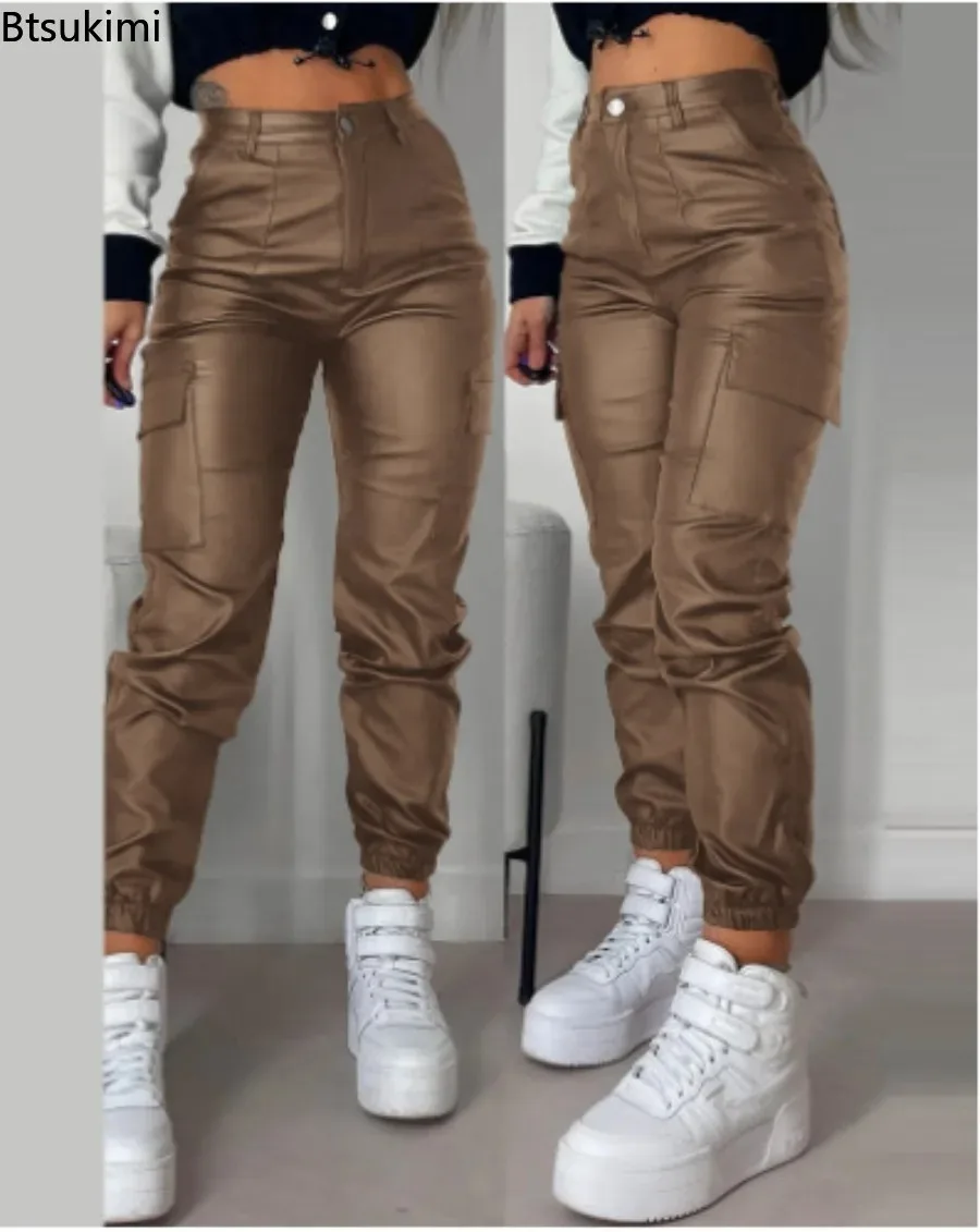 New Women's Faux Leather Pants Smooth High Elastic Waist Ladies Long Pants Ankle-banded Pockets Zipper Slim Motorcycle Trousers