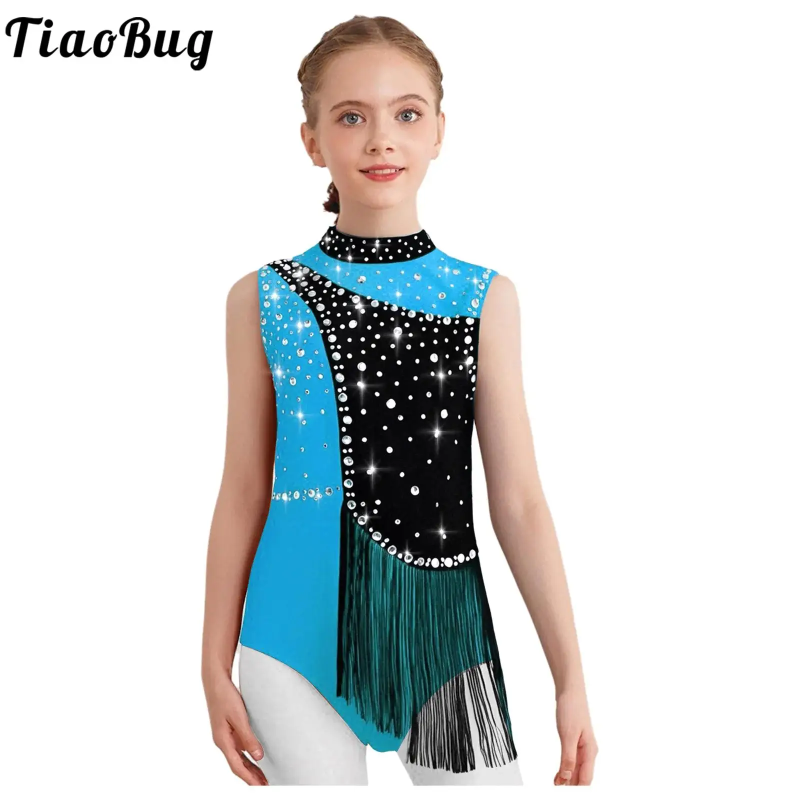 

Leotards Dance Gymnastic Figure Skating Performance Costume Sleeveless Rhinestones Tassels Bodysuits Ballet Dancewear for Girls