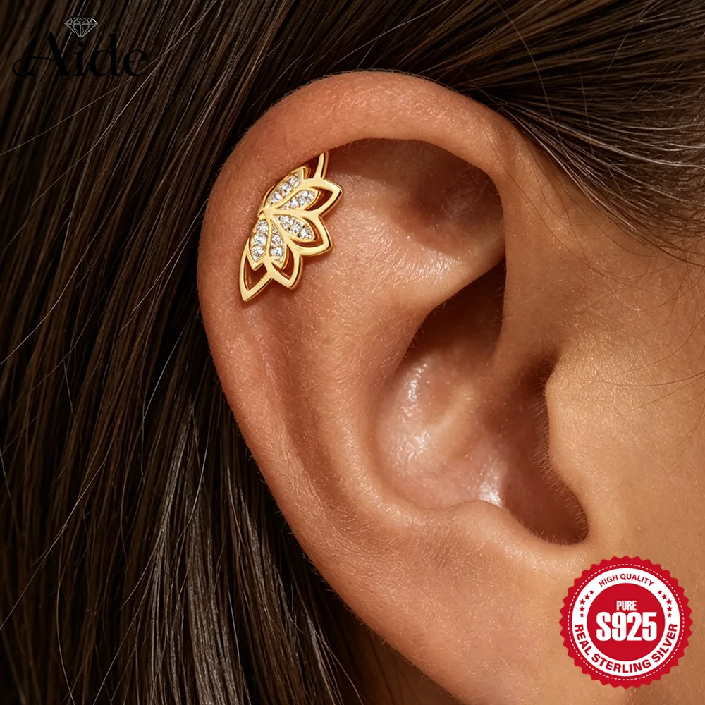 

AIDE 925 Sterling Silver Skeletonized Lotus Crown Women's 18K Gold Plated Smooth Wave/Branches Helix Conch Lobe Piercing Earring