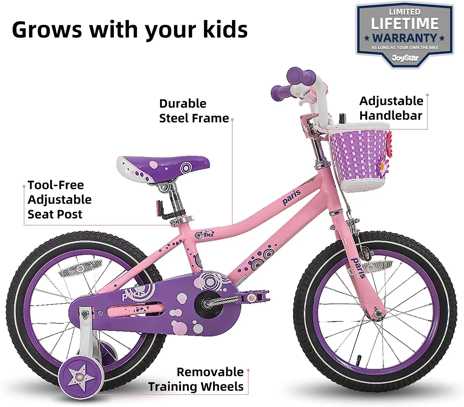 JOYSTAR Paris Girls Bike for Ages 2-9 Years Old, Kids Bike with Training Wheels and Handbrake for 12 14 16 18 inch Kid's Bicycle