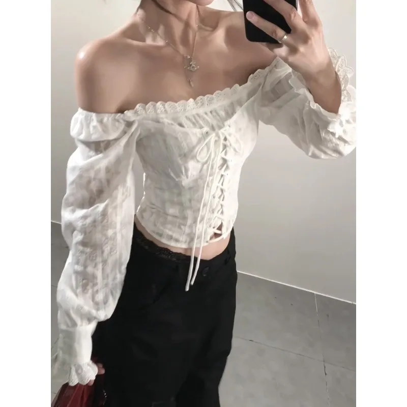 

French White Off Shoulder Sweater 2025 New Arrival Design Long Sleeve Casual Chic Pullover Unique Short Style Tops