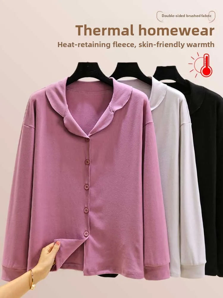 Thickened Fleece Double-sided Brushed Velvet Sleepwear Long Sleeve Button-up Loose Fit Women's Large Size Home Clothes Top