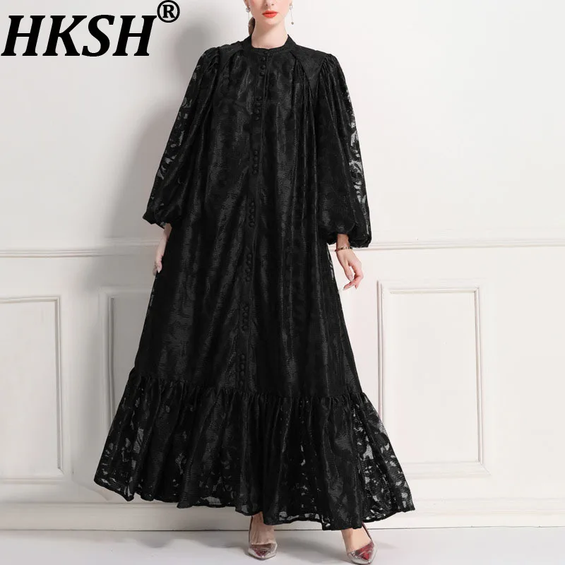 

HKSH Весна Осень Новое женское длинное платье с круглым вырезом и рукавами-фонариками, однобортный пояс, кружевное плиссированное подол, элегантные платья Tide HK12908