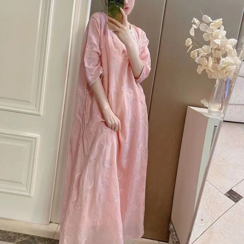 2024 Spring Summer Women Embroidery Beige Green 3/4 Sleeve Linen Long Dress , Woman Casual Vintage Dresses