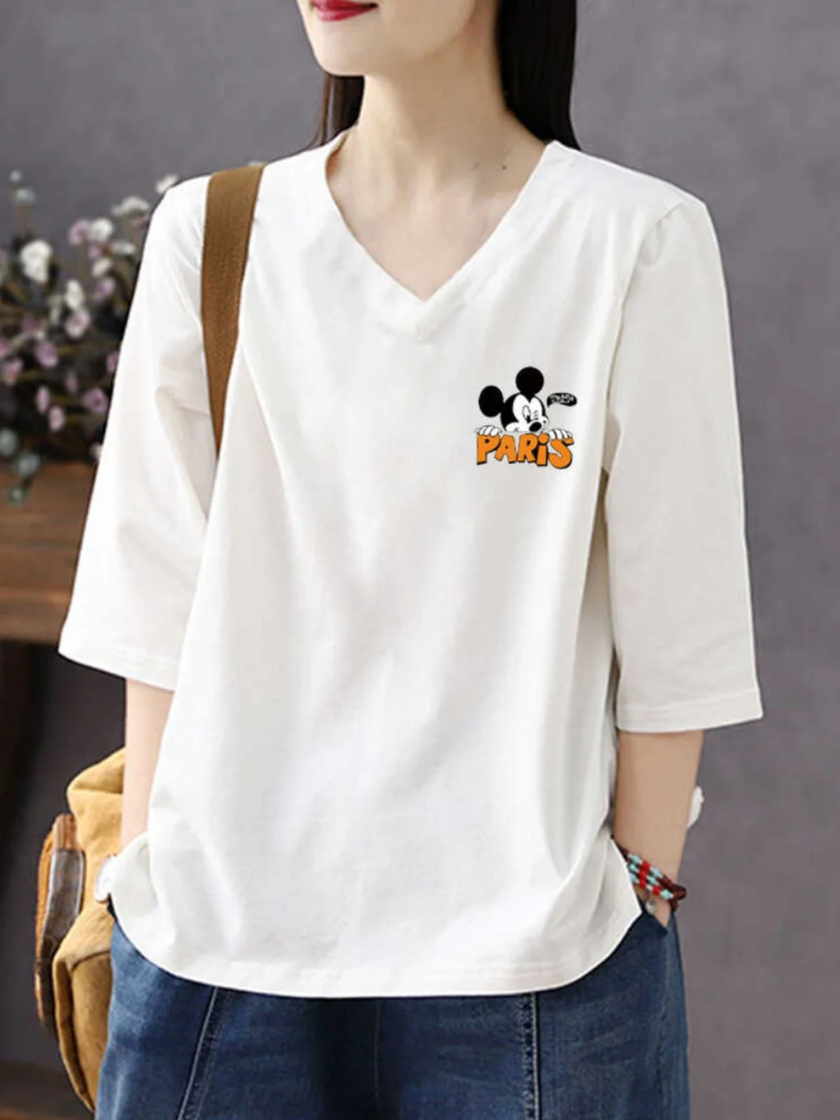 

Loose Fit Pure Cotton V-Neck Top for Women Casual Summer Spring Seven-Quarter Sleeve Base Shirt Korean Style Commute Fashion