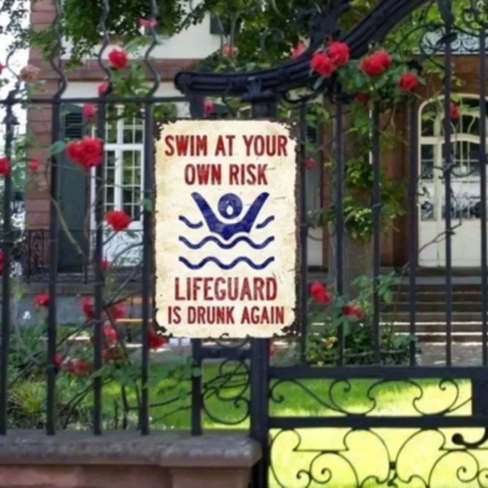 

Dive at Your Own Risk" Rustic Wood Sign – Hand-Painted Pool Art with Cartoon Diving Man & Red Dot Graphic | Ideal