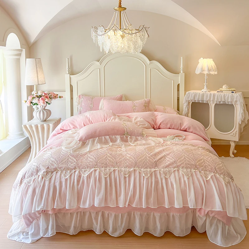 Lace Ruffles Embroidery Milk Velvet Winter Warm Thickened Princess Bedding Set Duvet Cover Bed Skirt Bedspread Pillowcases 4Pcs