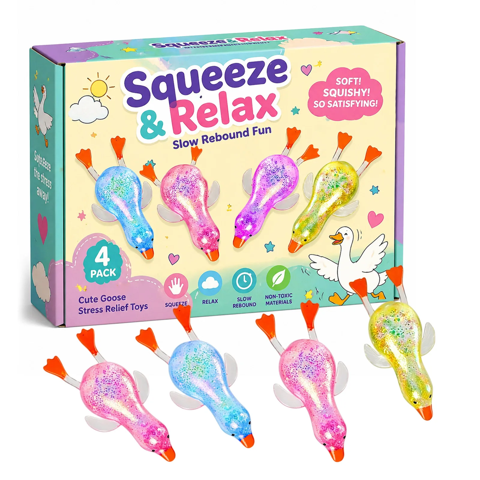 Shiny Glitter Sequins Goose Squishy Squeeze Toy 4 Pack Slow Rebound Soft Fidget Toy Non-Toxic Sensory Toy Stress Relief Gifts fo