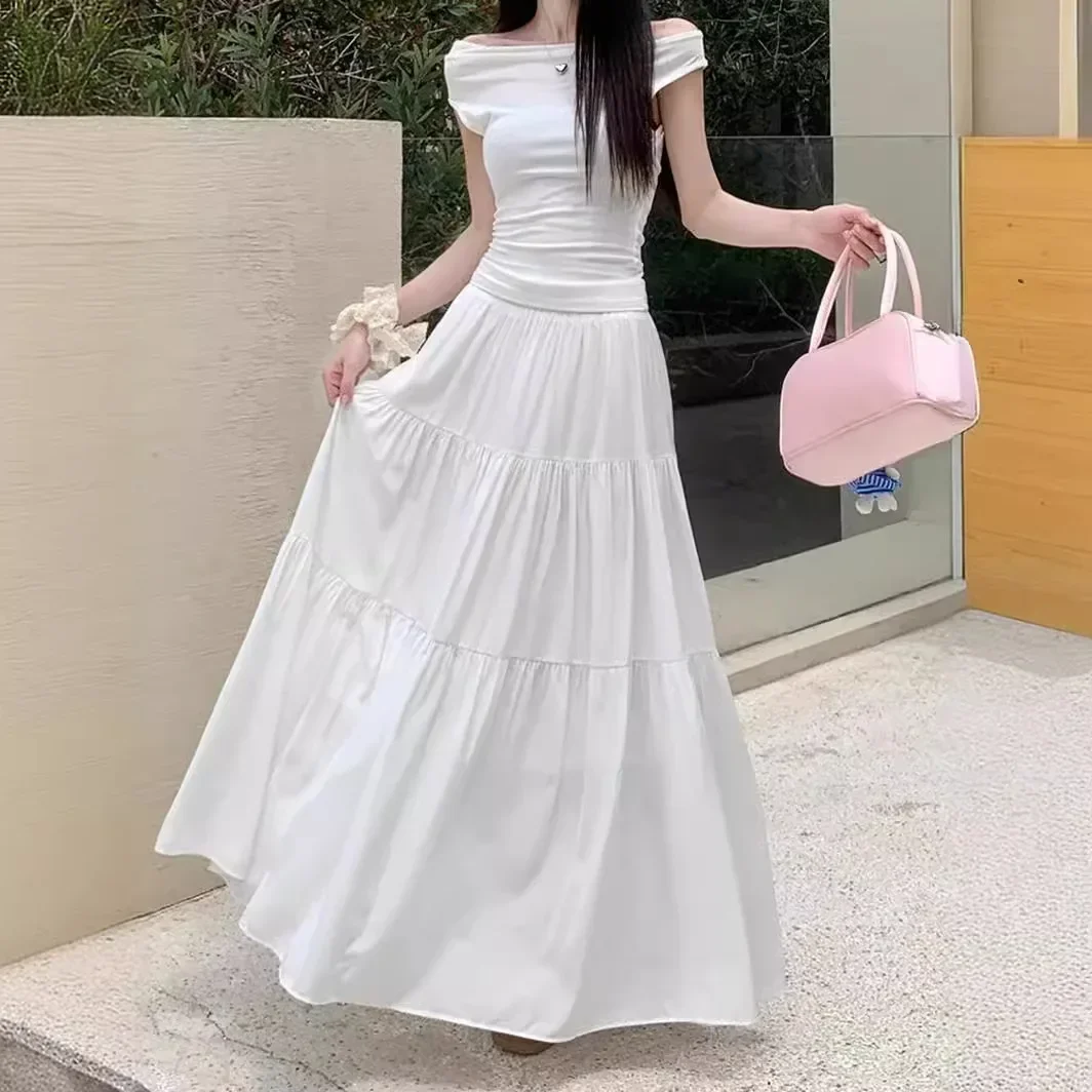 

Plus Size Women's White Pleated Skirt A- Line Midi Skirt Flared Umbrella Skirt Polyester Fiber Zipper Decoration Pure Color