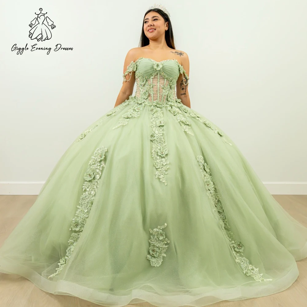 Giggle-vestido De baile verde menta, Vestidos De quinceañera con hombros descubiertos, vestido De baile hinchado dulce 15, Vestidos De flores 3D De 15 anos personalizados
