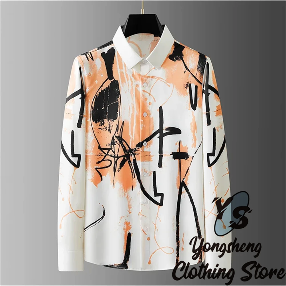 Luxury Letter Print Shirt Men's Long Sleeve Slim Fit Casual Shirt High Quality Fashion Korean Extra Large Size Men's Clothing