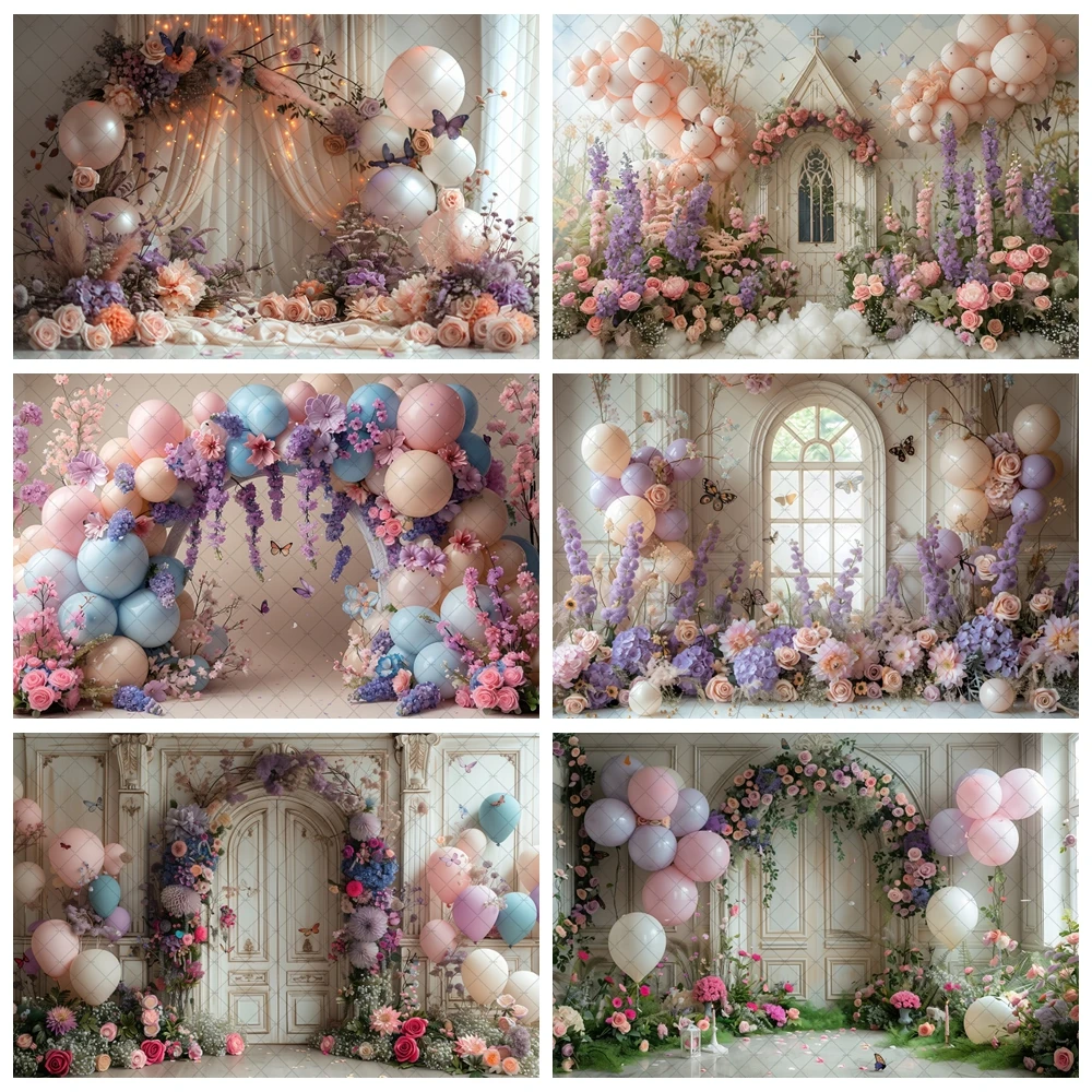 

Wedding Photographic Backgrounds Butterfly Balloon Purple Flower Photography Backdrop Girl Birthday Decoration Photo Studio