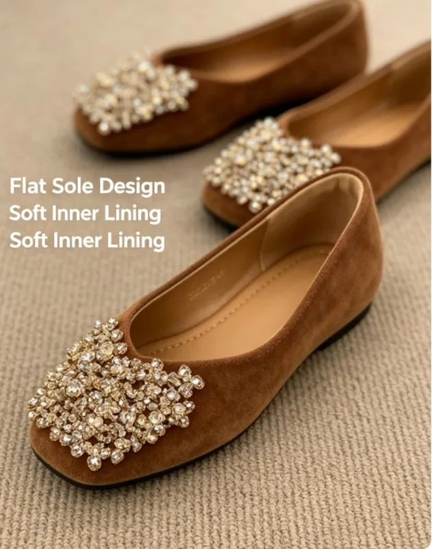 utumn New Arrival Women Rhinestone Decor Flat Shoes Suede Square Toe Lightweight Slip‑on Daily Party Ladies Shoes