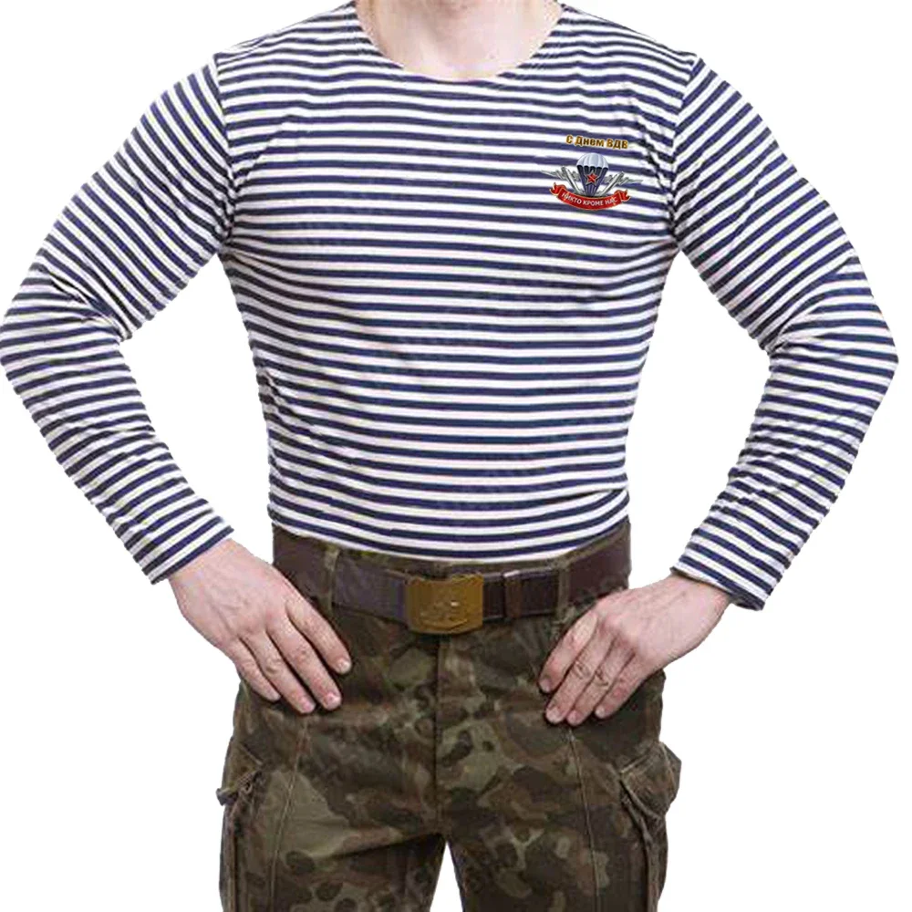 Russian Airborne Troops Paratrooper VDV Day Stripes T-Shirt Polyeste Cotton Long Sleeve Mens Sailor Striped Shirt Telnyashka