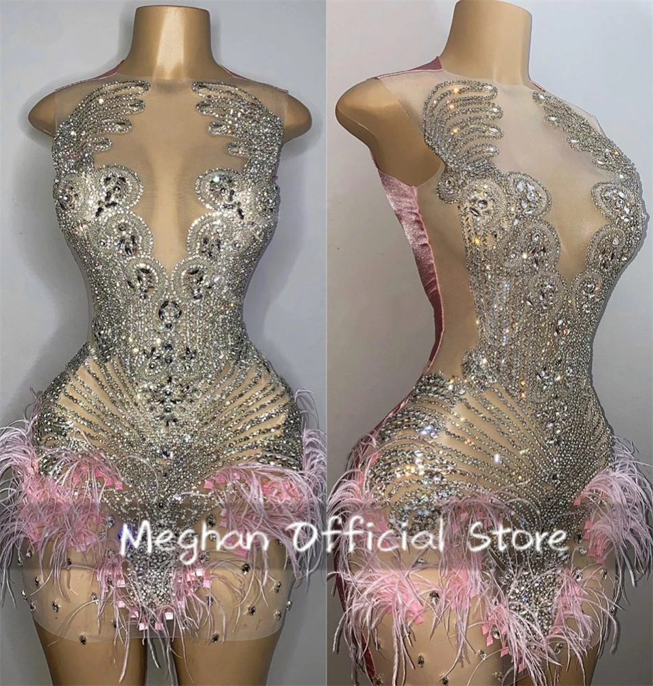 

Pink O Neck Short Prom Dress For Black Girls Bead Crystal 2025 Birthday Luxury Dress Feather Mini Cocktail Homecoming Customized