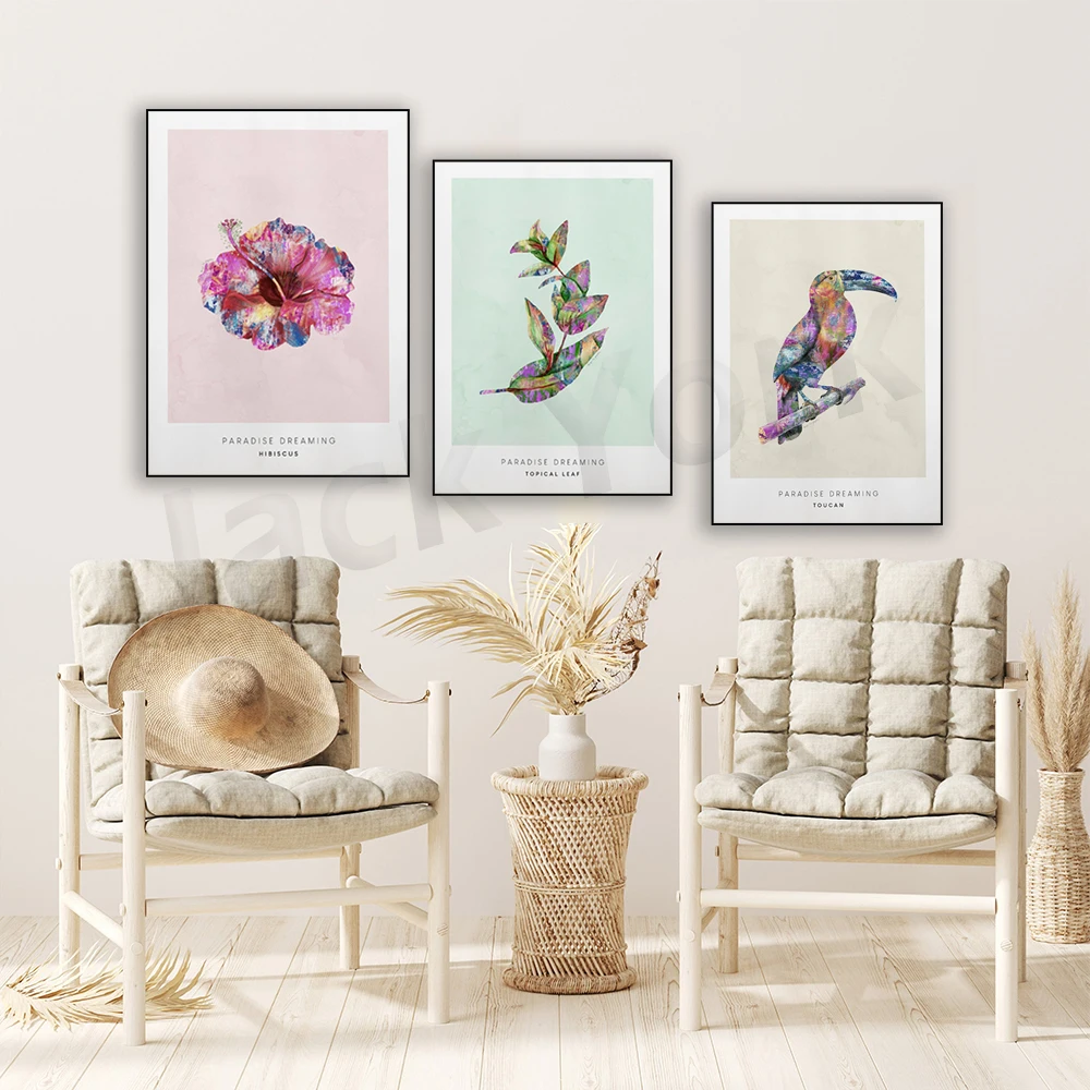 Poster: Illustration Tropical Leaf, toucan, palm leaf,Hibiscus, pineapple