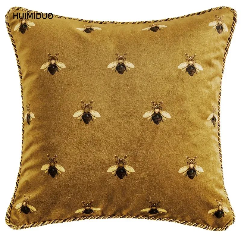DUNXDECO Luxury Cushion Decorative Pillow Cover For Sofa Art Gold Yellow Bee Print Velvet Soft Living Room Home Decoration