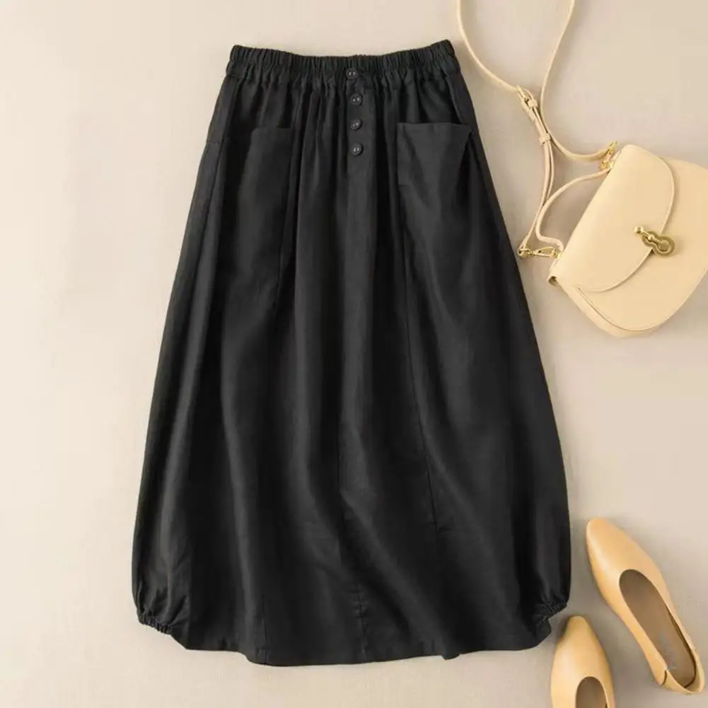 Women A-Line Retro Skirt High-Waist Elastic Waistband Pockets Buttons Decor Large Hem Midi Skirt Solid Color