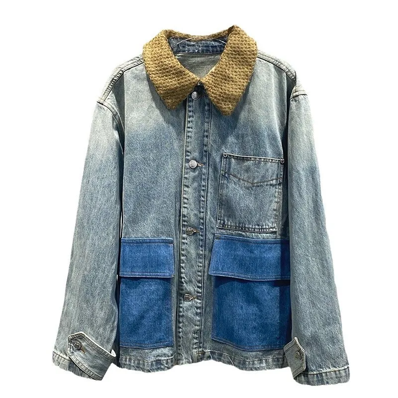 [ZOCI] Niche 2024 Autumn Winter New Item Contrasting Collar Patchwork Denim Jacket, Simple Versatile Top Women