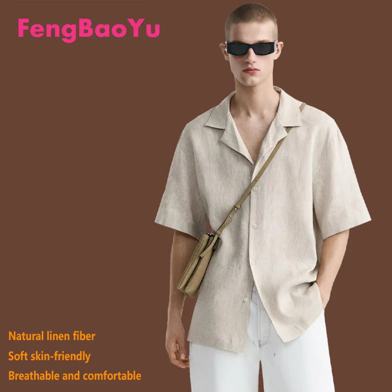 Fengbaoyu Linen Spring Summer Men's Short-sleeved Shirt Beige Lapel Vintage Casual Top Temperament Menswear Comfortable and Cool