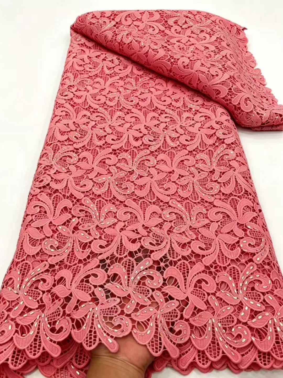 Unique Small Floral Perforated Silk Lace African Embroidered Voile Lace Mix Guipure Cord Fabric With Clear Stones Fashion Cloth