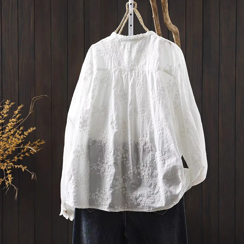 여성 긴팔 면 셔츠 신상 2025 가을 빈티지 스타일 스탠드 칼라 꽃 자수 여성 우아한 탑 셔츠 T757