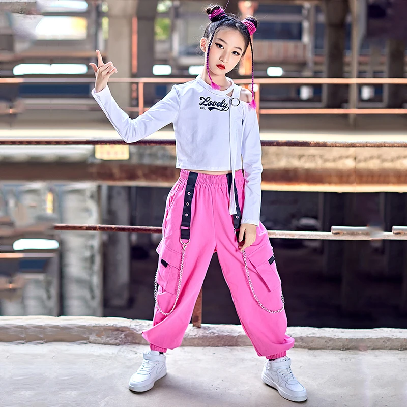 Nieuwe Meisjes Jazz Dans Kostuum Kinderen Hip Hop Kleding Wit Tops Roze Cargo Broek Prestaties Outfit Moderne Street Wear BL8107