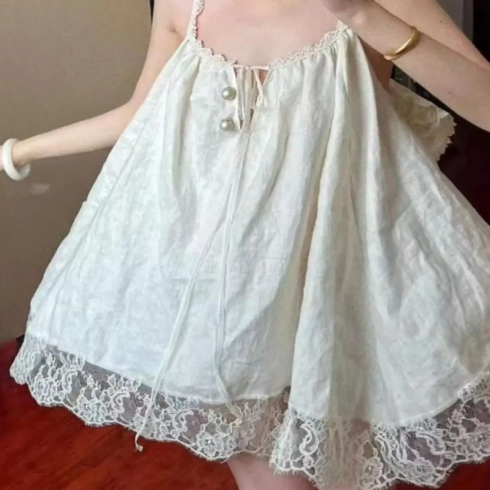 

French Style Lace Trim Lace Camisole Dress Loose Fit Bow Detail Nightdress Suspenders Slip Dress Nightwear