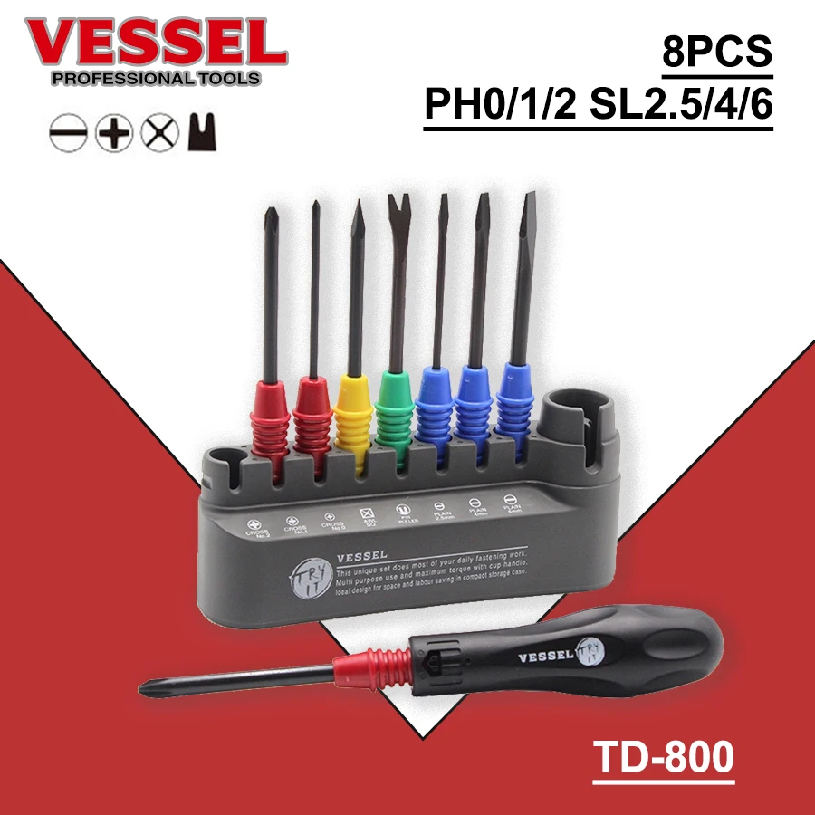 VESSEL 8PCS Multifunctional Interchangeable Screwdriver Set with Bit Set Phllips Slotted Screwdrivers Hand Tools No.TD-800