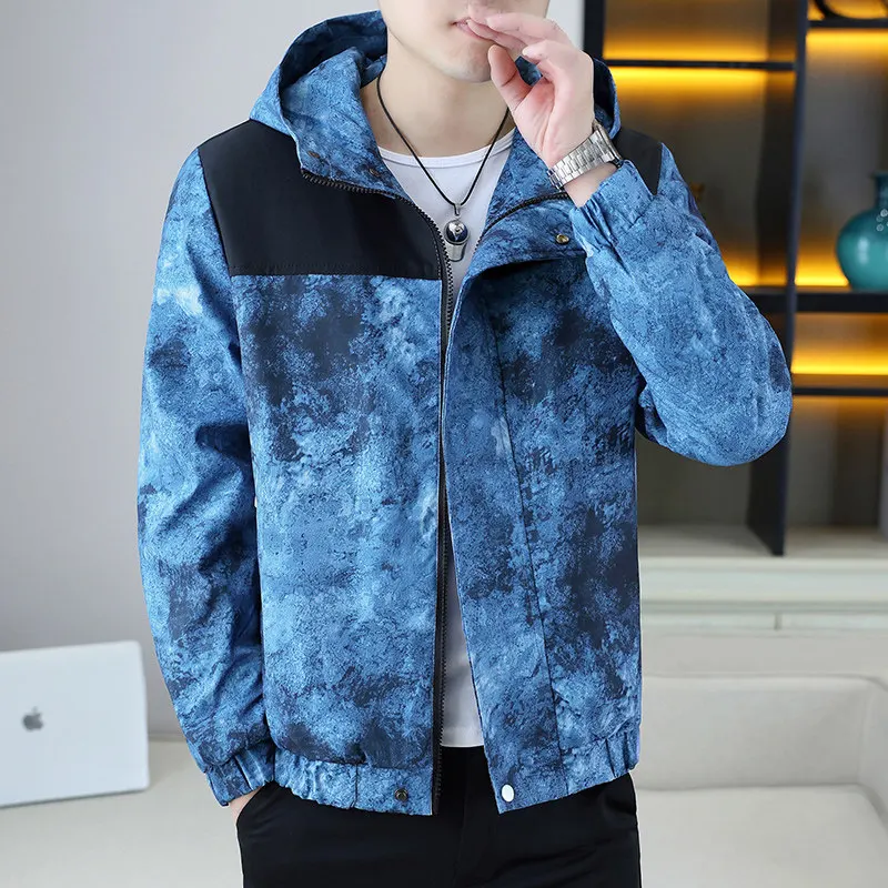 

Мужская повседневная куртка на молнии с капюшоном и принтом, весенне-осенняя подставка из полиэфирного волокна с внутренней частью, корейский Sle