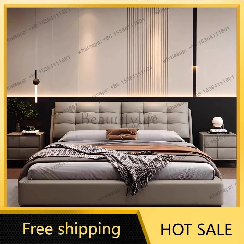 LSReal leather Italian luxury bed master bedroom modern simple high-end soft upholstered storage wedding home bedroom furniture