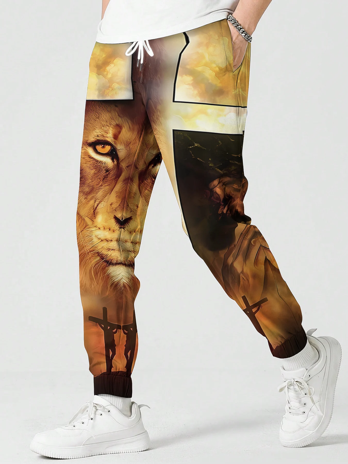 

HX Jesus Pants Christ Cross Lion 3D Printed Trousers Fashion Casual Pockets Sweatpants Men Clothing Christian Believers Gifts